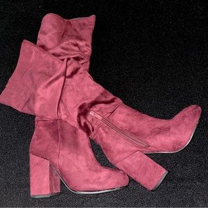 Burgundy Suede Calf-Height Boots with Heel, Size 8